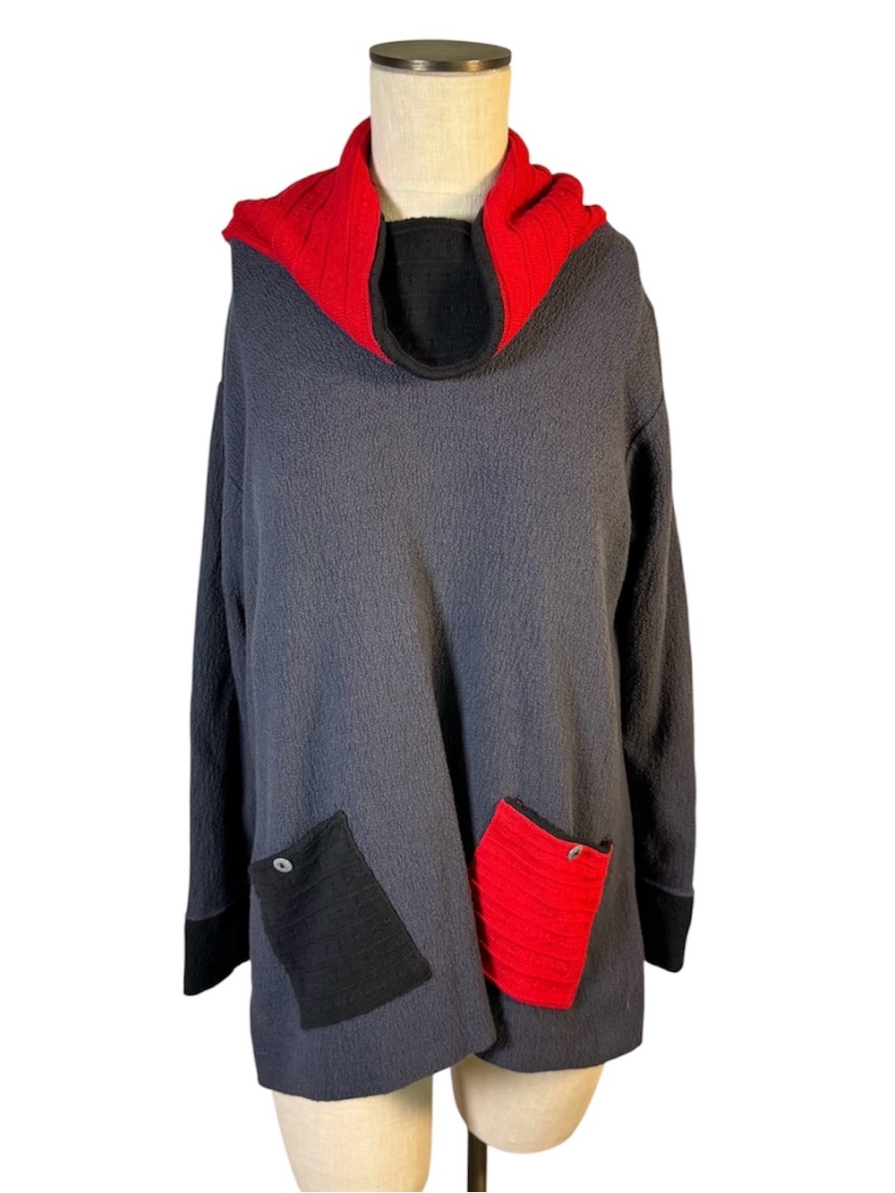 Vintage Margaret Winters Gray Red Turtleneck Patch Pocket Tunic Sweater Sz S
